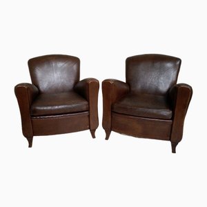 French Leather Club Chairs, 1930, Set of 2