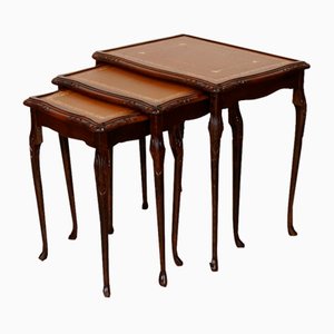 Vintage Nesting Tables with Queen Anne Style Legs & Brown Embossed Leather Tops, 1970s, Set of 3