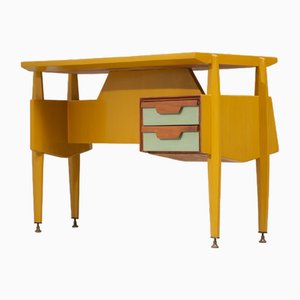 Italian Wooden Desk with Brass Details, 1950s