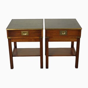 Military Campaign Bedside Tables with Green Leather Tops, Set of 2