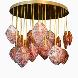 Mid-Century Italian Modern Brass and Pink Glass Chandelier, 1980s