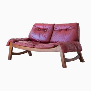 Vintage Italian Sofa in Bordeaux Leather and Wood, 1960s