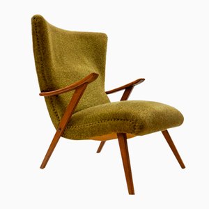 Italian Wood and Fabric Wingback Armchair, 1950s
