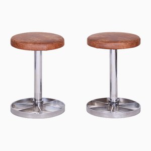 Bauhaus Chrome-Plated Steel Stools with Brown Leather, 1930s, Set of 2