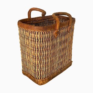 Vintage French Wicker Basket in Gold Color Stitched Leather, France, 1970s
