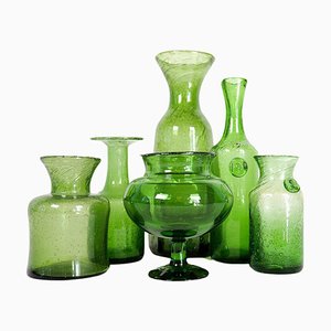 Mid-Century Modern Green Vases attributed to Erik Hoglund for Kosta, Sweden, 1960s, Set of 6
