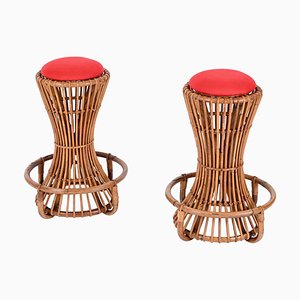 Tabourets de Bar Vintage en Rotin et Bambou par Tito Agnoli pour Bonacina, Italie, 1950s, Set de 2