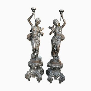 Bronze Female Figurine Lantern Candleholders, Set of 2