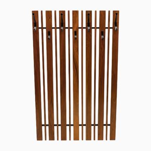 Walnut Slats Wall Coat Rack with Black Hooks, 1960s