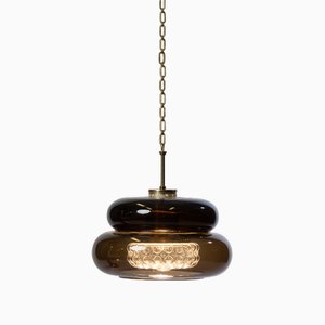 Scandinavian Modern Ceiling Lamp in Brass and Glass by Carl Fagerlund for Orrefors, 1960