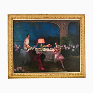 Louis Marie De Schryver, Art Deco Interior with Ladies at Teatime, 1928, Olio su tela, con cornice