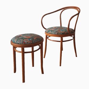 Wooden Chair and Stool, 1950s, Set of 2