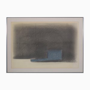 Minimalistische Landschaft in Grau und Blau, 1985, Pastell & Bleistift auf Papier