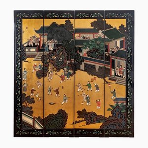 Coromandel Black Lacquer Screen with Four Panels, Early 20th Century