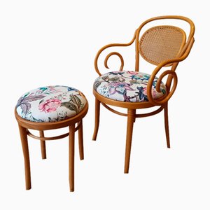 Wooden Chair and Stool, 1950, Set of 2