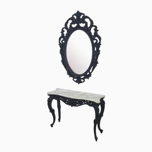 Black Wooden Console Table in White Marble with Mirror, Set of 2