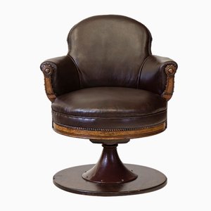 Antique Leather and Walnut Swivel Railway Pullman Carriage Club Chair, 1870s