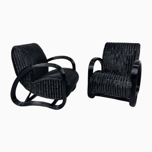 Fauteuils en Rotin Laqué Noir, France, 1960s, Set de 2