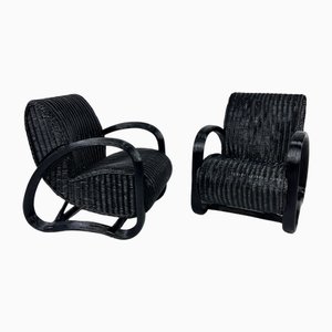 French Black Lacquered Rattan Lounge Chairs, 1960s, Set of 2