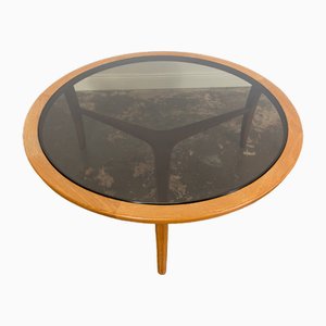 Mesa de centro escandinava redonda de teca con tablero de vidrio, años 60