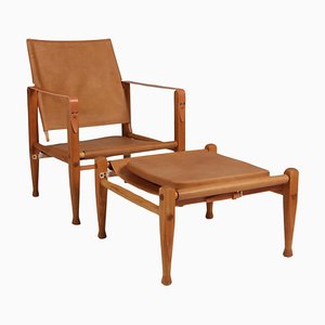 Set of Safari Chair with Ottoman attributed to Kaare Klint for Rud Rasmussen, 1960s