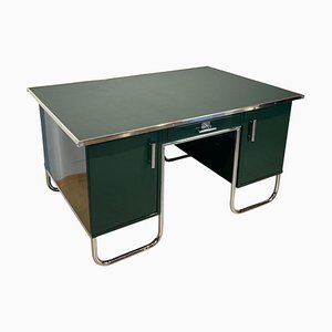 Large Bauhaus Partners Desk in Green Lacquer, Metal & Steeltube, Germany, 1930s