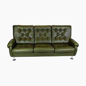 3-Seater Sofa in Dark Green Leather with Chrome Legs, 1970s