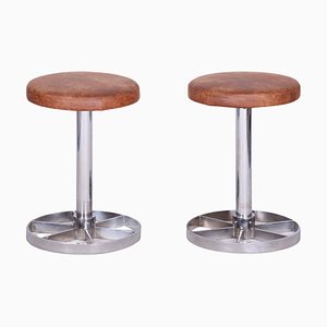 Bauhaus Chrome-Plated Steel Stools in Brown Leather, Czech, 1939, Set of 2