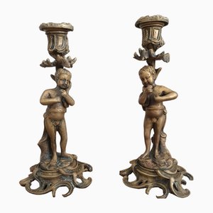 Candelabros con querubines victorianos barrocos de latón, década de 1890. Juego de 2