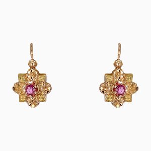 20th Century French Rubies 18 Karat Rose and Green Gold Lever-Back Earrings, Set of 2
