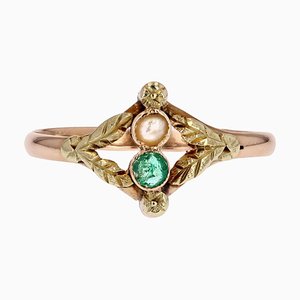 19th Century French Fine Pearl Emerald 18 Karat Rose and Green Gold Ring