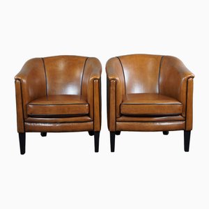 Leather Armchair with Black Piping, Set of 2