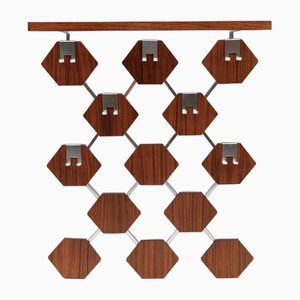 Walnut Honeycombs Wall Coat Rack with Chrome Hooks, 1960s