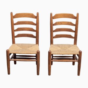 Brutalist Wood and Wicker Chairs in the style of Charlotte Perriand, 1960s, Set of 2