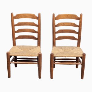 Set of Brutalist Wood and Wicker Chairs in the style of Charlotte Perriand, 1960s
