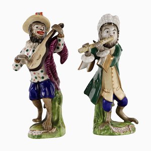 Figuras de mono de orquesta de porcelana, década de 1900. Juego de 2