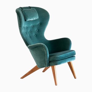 Wingback Armchair in Teal Velvet by Carl-Gustav Hiort by Ornäs, Finland, 1952