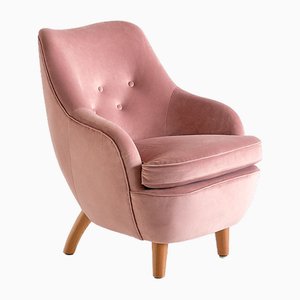 Armchair in Pink Velvet and Elm by Runar Engblom, Finland, 1951