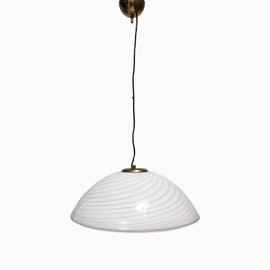 Postmodern Adjustable White Murano Glass and Brushed Brass Pendant attributed to Veart, 1980s