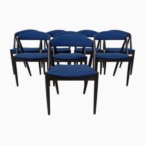 Esszimmerstühle aus ebonisierter Eiche mit blauem Stoffbezug von Kai Kristiansen von Schou Andersen, 1960er, 8er Set