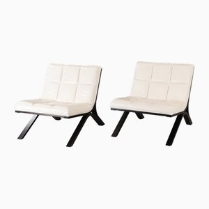 Lounge Chairs in White Leather & Wood in the style of Roche Bobois, Set of 2