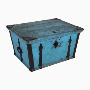 Antique Swedish Campaign Chest with Patinated Blue Paint and Iron, 1850s
