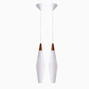 Vintage Scandinavian Opaline Glass and Teak Pendant Lamps, 1960s, Set of 2
