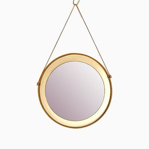 Miroir Vintage en Teck et Cuir Eco, Italie, 1960s