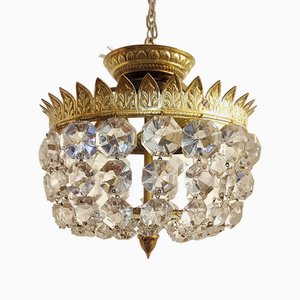 Brass & Crystal Ceiling Lamp, Spain, 1950s