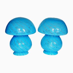 Scandinavian Blue Mushroom Glass Table Lamps, 1970s, Set of 2