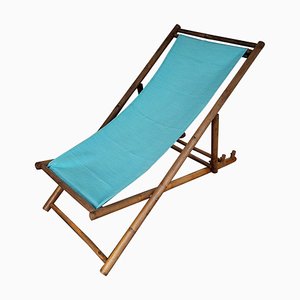 Transat Folding Deck Chair in Bamboo Wood and Fabric, 1970s