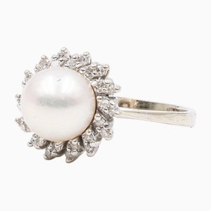 Vintage 18k White Gold Pearl and Diamond Flower Ring, 1960s