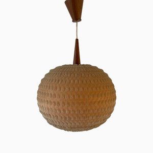 Teak Ball Ceiling Lamp with Fabric Shade from Temde, Switzerland, 1960s