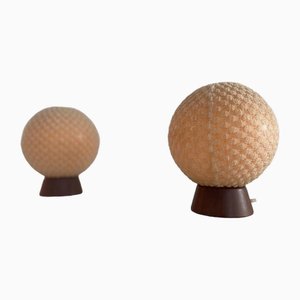 Teak Ball Bedside Lamps with Fabric Shades from Temde, Germany, 1960s, Set of 2